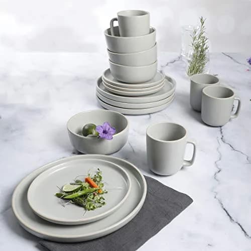 Gibson Home Zuma 16 Piece Dinnerware Set | Service for 4, Matte Stoneware, Light Grey thumbnail 6