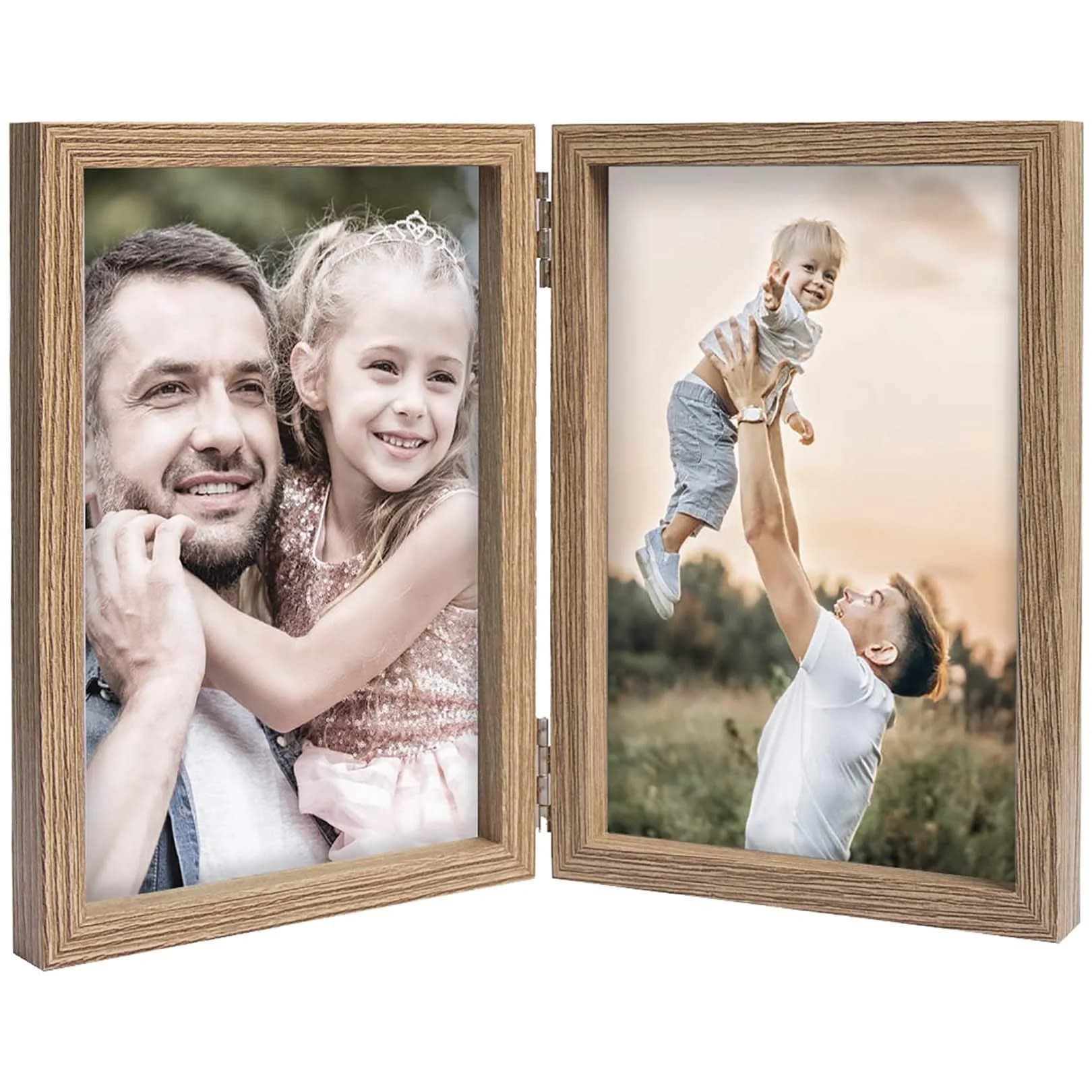 WUTL 4x6 Picture Frames Double Hinged MDF Wood Grain with Glass Front Stand Vertical on Tabletop
