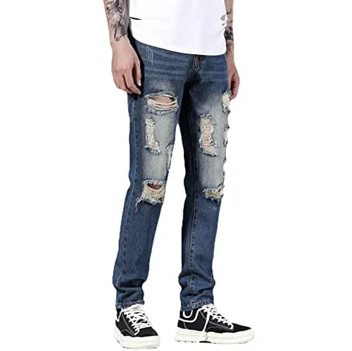 Liuhond Men's Ripped Distressed Straight Fit Washed Denim Jeans Pants 34 | Cool Moto Style thumbnail 4