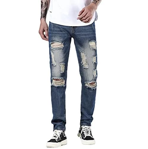 Liuhond Men's Ripped Distressed Straight Fit Washed Denim Jeans Pants 34 | Cool Moto Style thumbnail 2