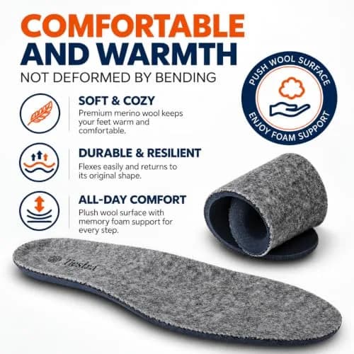 TIESTRA Merino Wool Insoles for Women Fur Comfort Warm Shoes Inserts Grey Eu38/Us7 | Natural Warmth & Breathability thumbnail 5