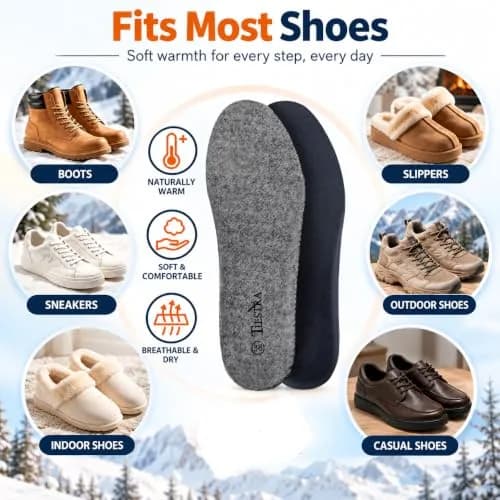 TIESTRA Merino Wool Insoles for Women Fur Comfort Warm Shoes Inserts Grey Eu38/Us7 | Natural Warmth & Breathability thumbnail 7