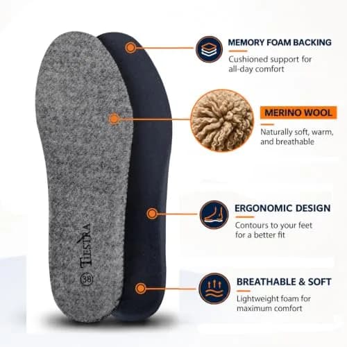 TIESTRA Merino Wool Insoles for Women Fur Comfort Warm Shoes Inserts Grey Eu38/Us7 | Natural Warmth & Breathability thumbnail 2