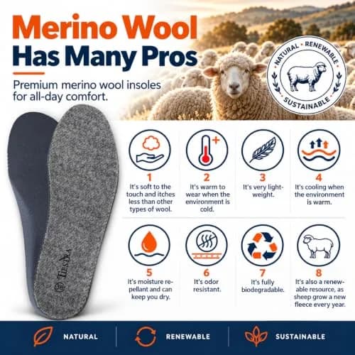 TIESTRA Merino Wool Insoles for Women Fur Comfort Warm Shoes Inserts Grey Eu38/Us7 | Natural Warmth & Breathability thumbnail 3
