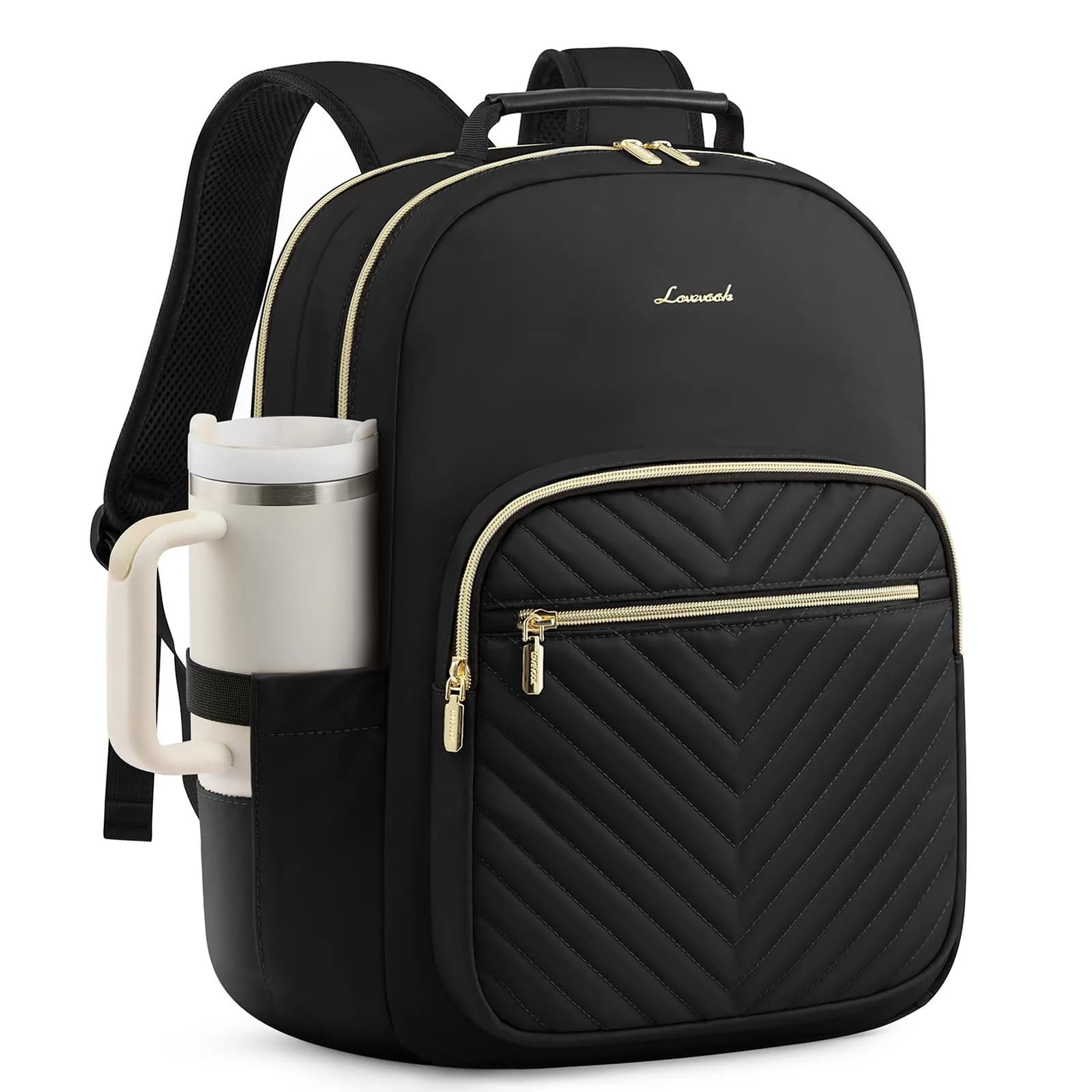 LOVEVOOK 15.6 Inch Laptop Backpack Purse for Women | Water-Resistant, USB Port, Daypack for Work & Travel — A Black