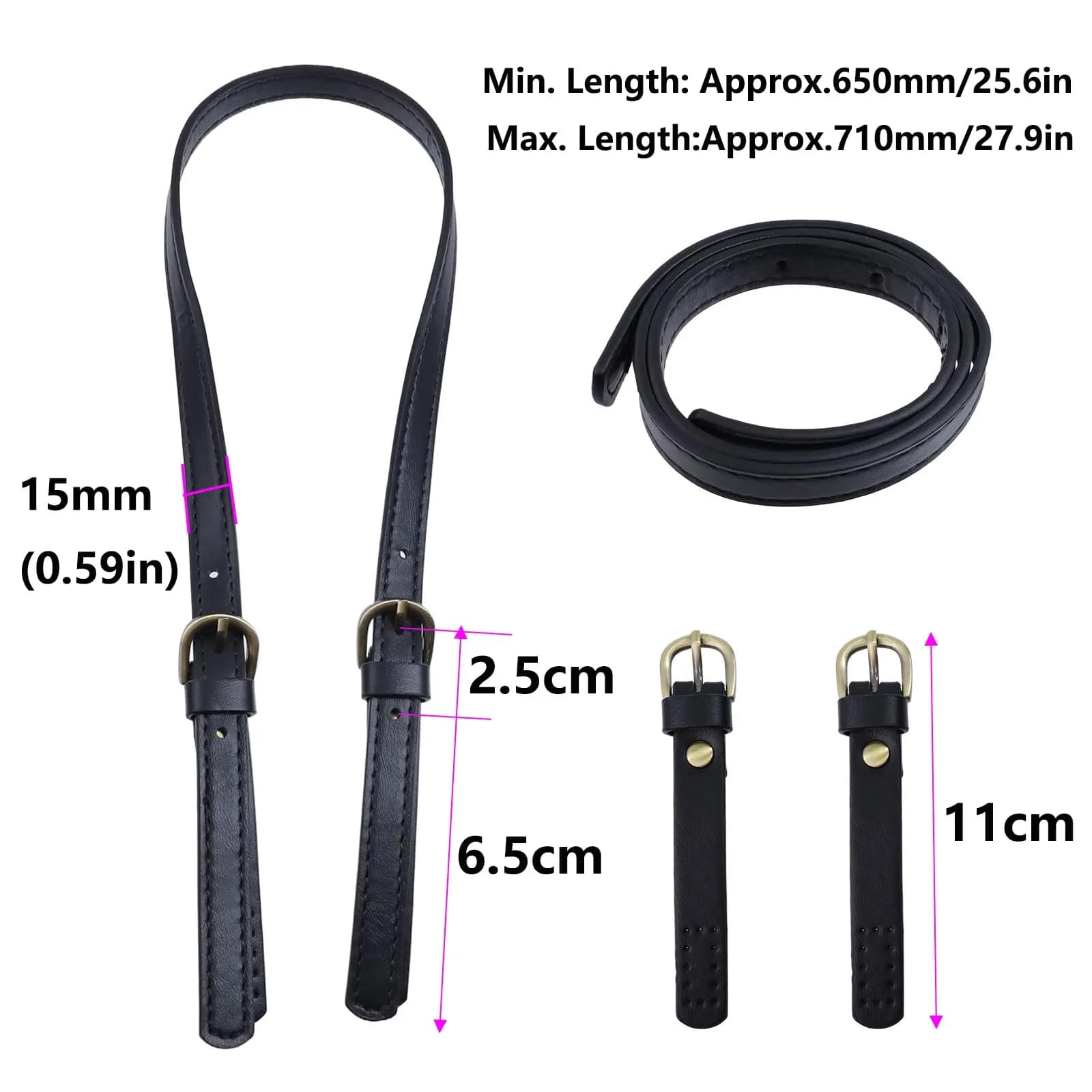 Semetall Black PU Leather Purse Handles 2 Pcs | 65cm-71cm Adjustable Bag Straps - view 2