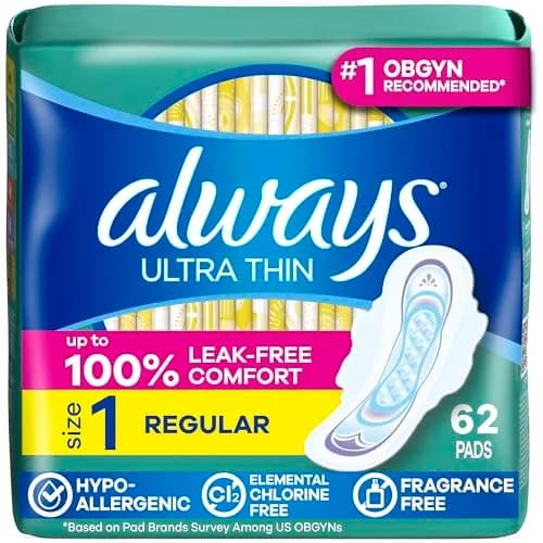 Always Ultra Thin Feminine Pads Size 1 Regular Absorbency 62 Count | Up to 100% Leak-Free Protection thumbnail 1