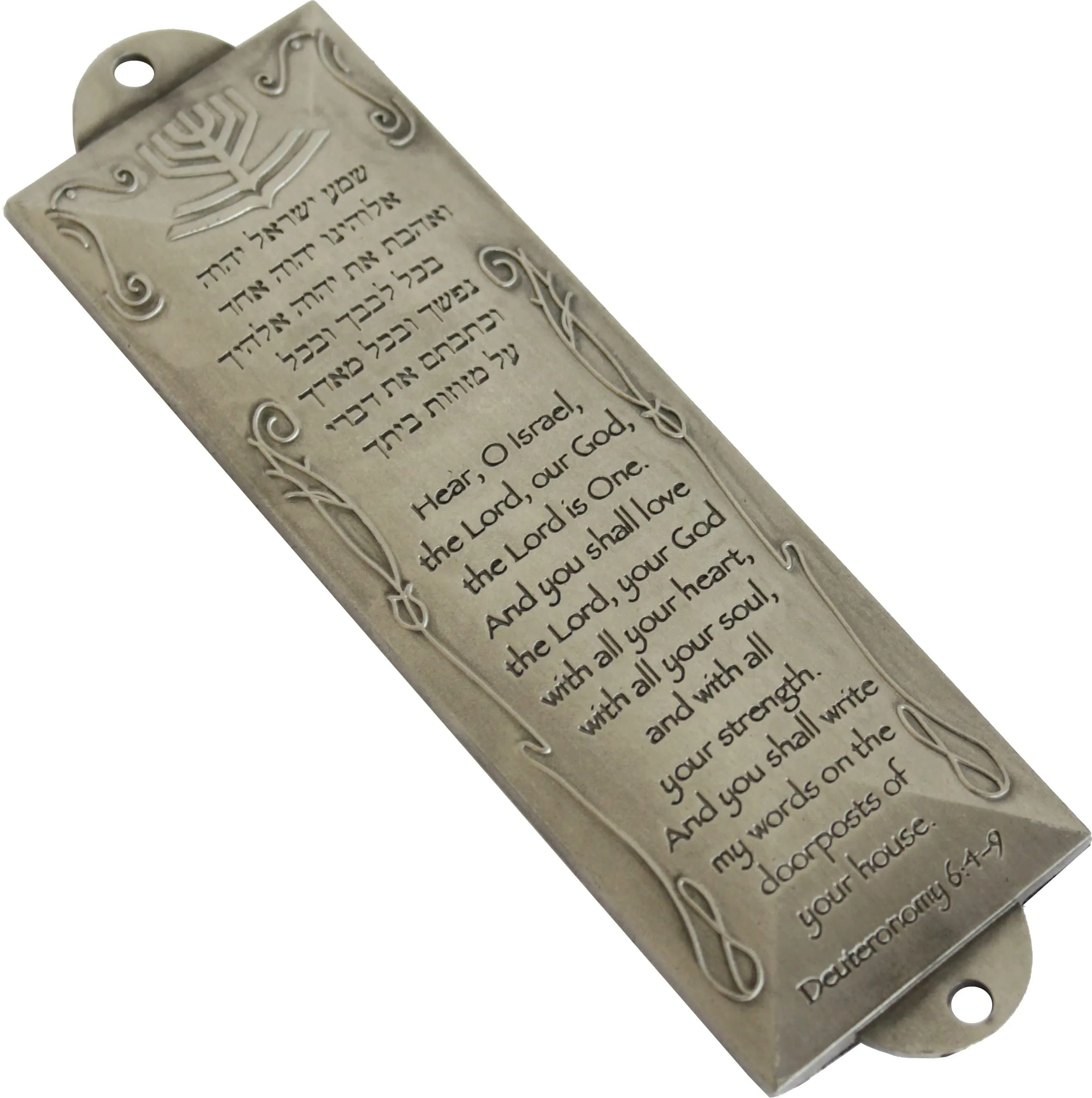 Holy Land Market Pewter Mezuzah with Scroll & English/Hebrew Design | Authentic Judaica for Doorposts