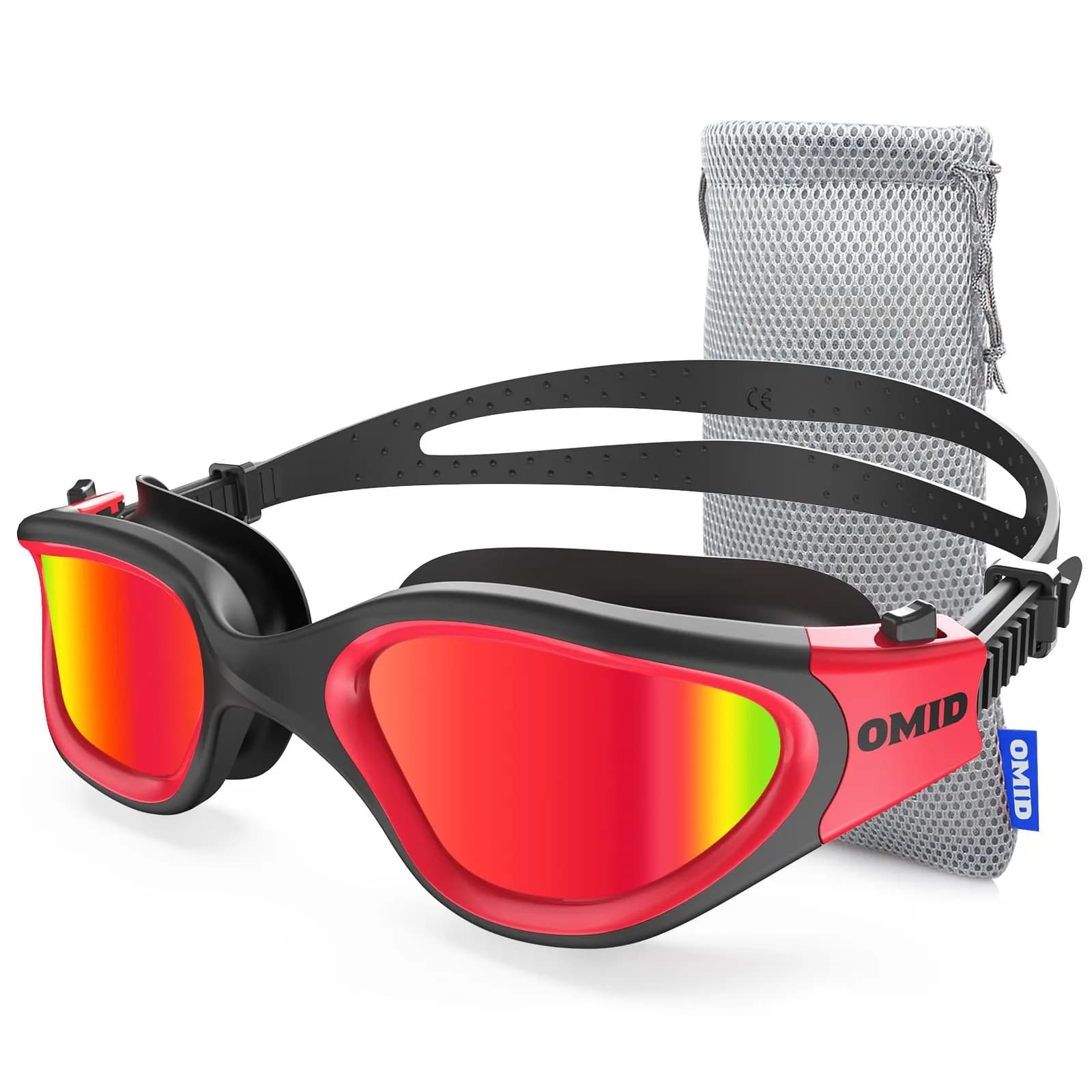 OMID Polarized Swim Goggles for Adults | 180° Wide View Anti-Fog — A3-black Red Frame Red Lens