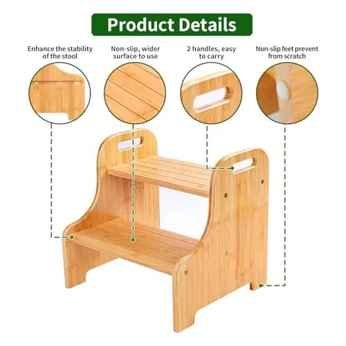 VaeFae Bamboo 2-Step Stool | Natural Bamboo, Stable & Non-Slip, Easy Assembly (70-120 chars) thumbnail 3