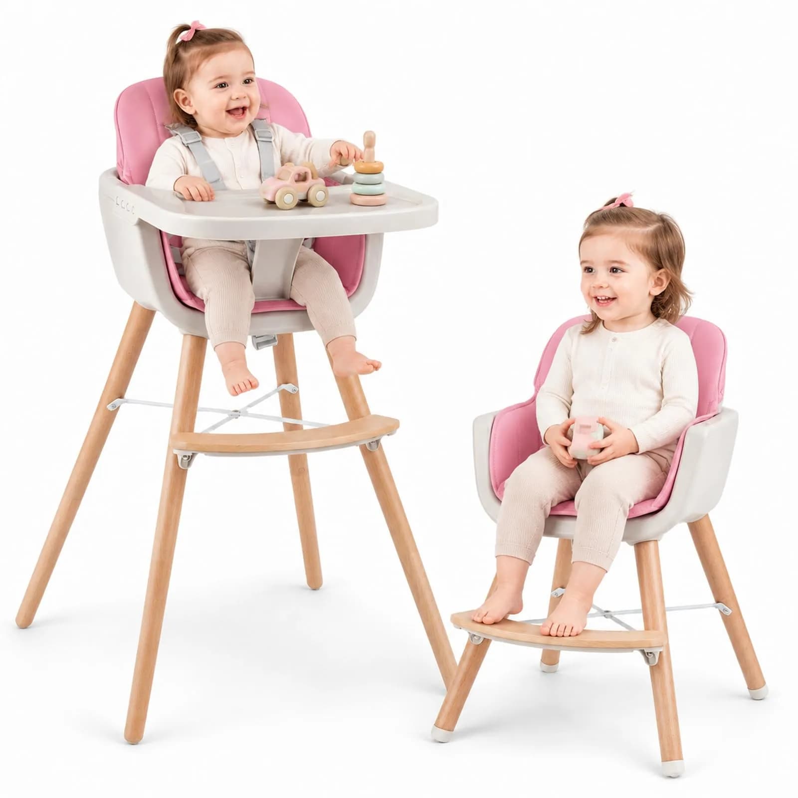 HONEY JOY Baby High Chair, 6-in-1 Wooden Highchair for Babies & Toddlers, Pink | Convertible, Removable Tray & 5-Point Harness - main product image