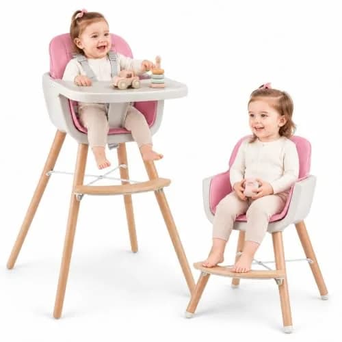 HONEY JOY Baby High Chair, 6-in-1 Wooden Highchair for Babies & Toddlers, Pink | Convertible, Removable Tray & 5-Point Harness thumbnail 1