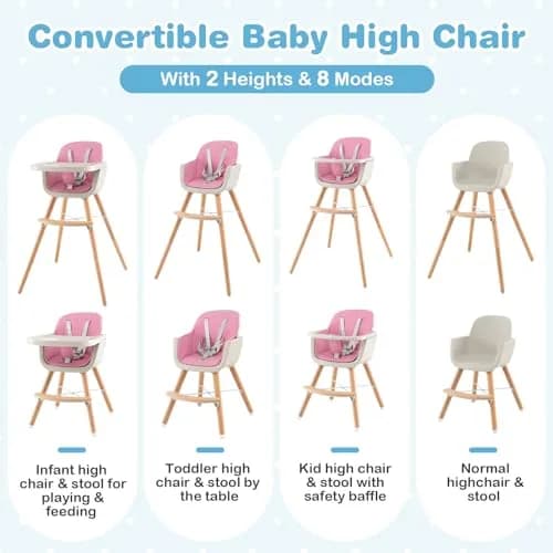 HONEY JOY Baby High Chair, 6-in-1 Wooden Highchair for Babies & Toddlers, Pink | Convertible, Removable Tray & 5-Point Harness thumbnail 4