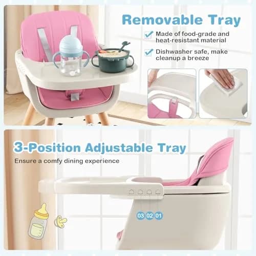 HONEY JOY Baby High Chair, 6-in-1 Wooden Highchair for Babies & Toddlers, Pink | Convertible, Removable Tray & 5-Point Harness thumbnail 5