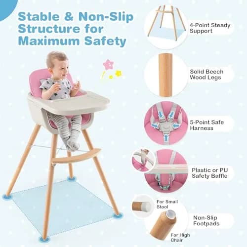 HONEY JOY Baby High Chair, 6-in-1 Wooden Highchair for Babies & Toddlers, Pink | Convertible, Removable Tray & 5-Point Harness thumbnail 6