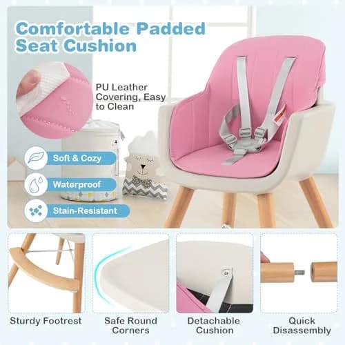 HONEY JOY Baby High Chair, 6-in-1 Wooden Highchair for Babies & Toddlers, Pink | Convertible, Removable Tray & 5-Point Harness thumbnail 7