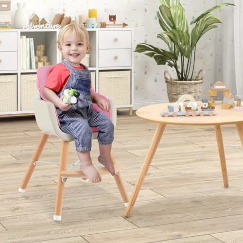 HONEY JOY Baby High Chair, 6-in-1 Wooden Highchair for Babies & Toddlers, Pink | Convertible, Removable Tray & 5-Point Harness thumbnail 8