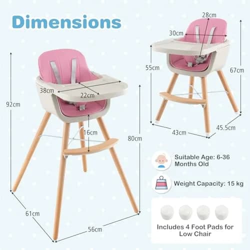 HONEY JOY Baby High Chair, 6-in-1 Wooden Highchair for Babies & Toddlers, Pink | Convertible, Removable Tray & 5-Point Harness thumbnail 9