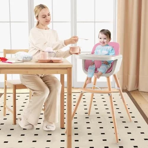 HONEY JOY Baby High Chair, 6-in-1 Wooden Highchair for Babies & Toddlers, Pink | Convertible, Removable Tray & 5-Point Harness thumbnail 2