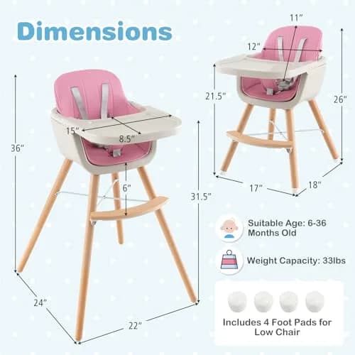 HONEY JOY Baby High Chair, 6-in-1 Wooden Highchair for Babies & Toddlers, Pink | Convertible, Removable Tray & 5-Point Harness thumbnail 3
