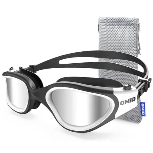 OMID Polarized Swim Goggles with Anti-Fog & UV Protection | Silver Lens, Black/White Frame (1.93 in Height) thumbnail 1