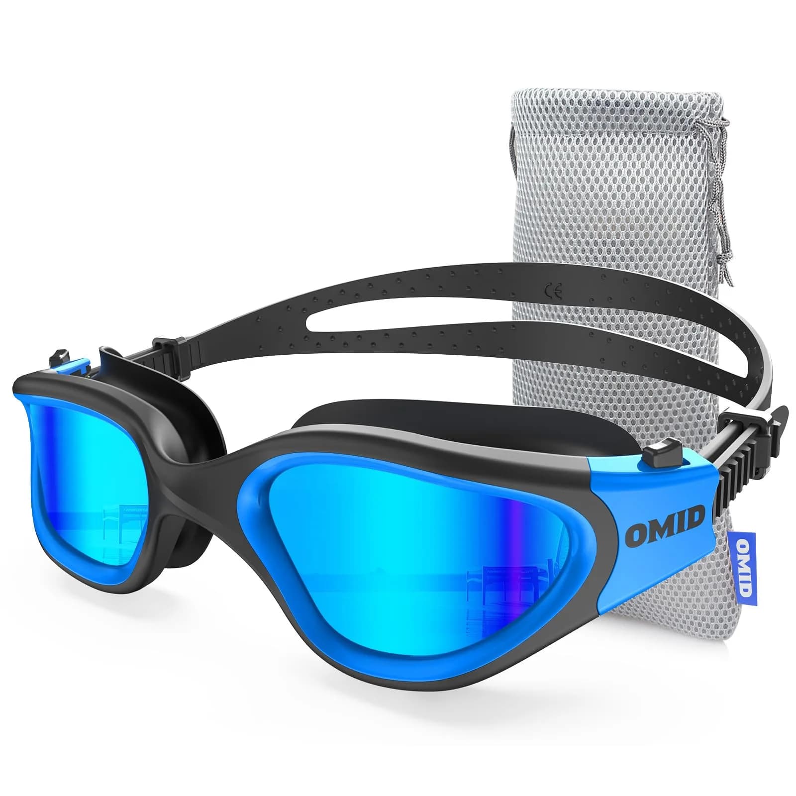 OMID Polarized Swim Goggles for Adults | 180° Wide View Anti-Fog — A0-black Blue Frame Blue Lens