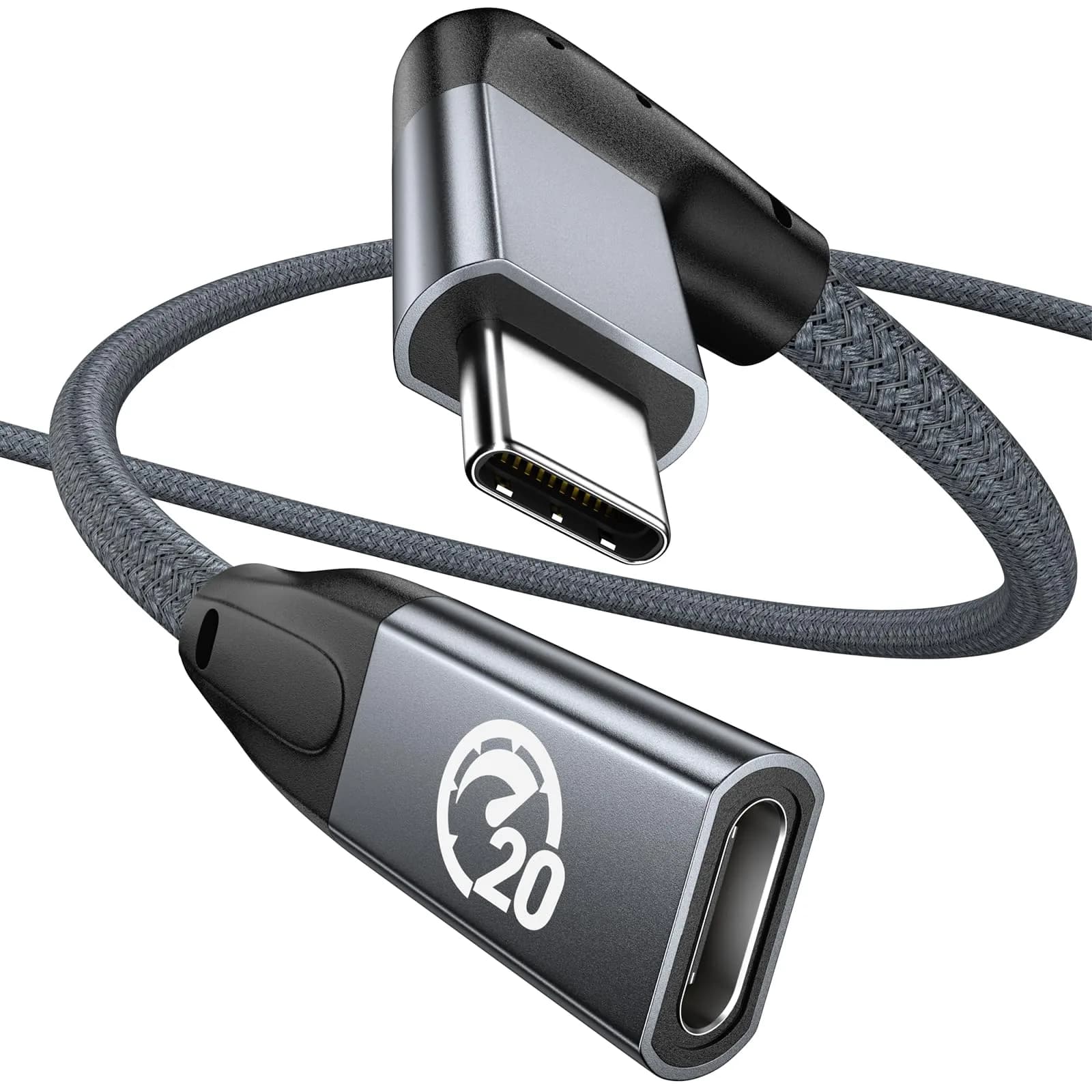 UseBean 90 Degree USB C Extension Cable 1.6FT (0.49m) | USB 3.2 Gen 2 20Gbps 100W PD 4K@60Hz — GRAY