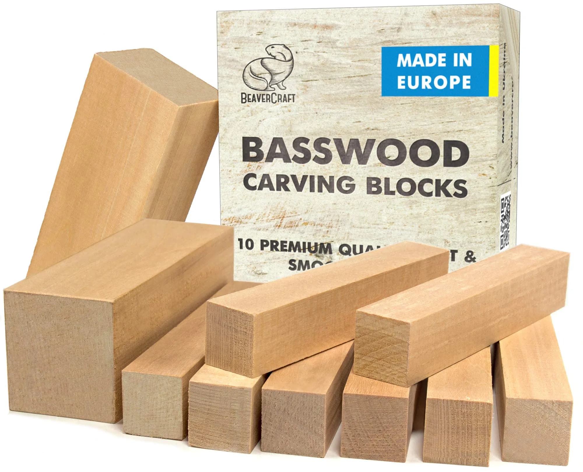 BeaverCraft Basswood Carving Blocks Set BW 10 PCS | Soft Basswood for Crafts & Whittling — Tan