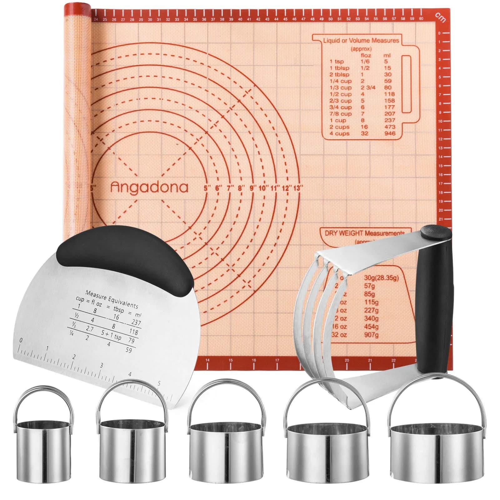 Angadona Complete Pastry Tool Set with Silicone Baking Mat, Biscuit Cutters, Dough Blender & Scraper | 8-Piece Set — Brown
