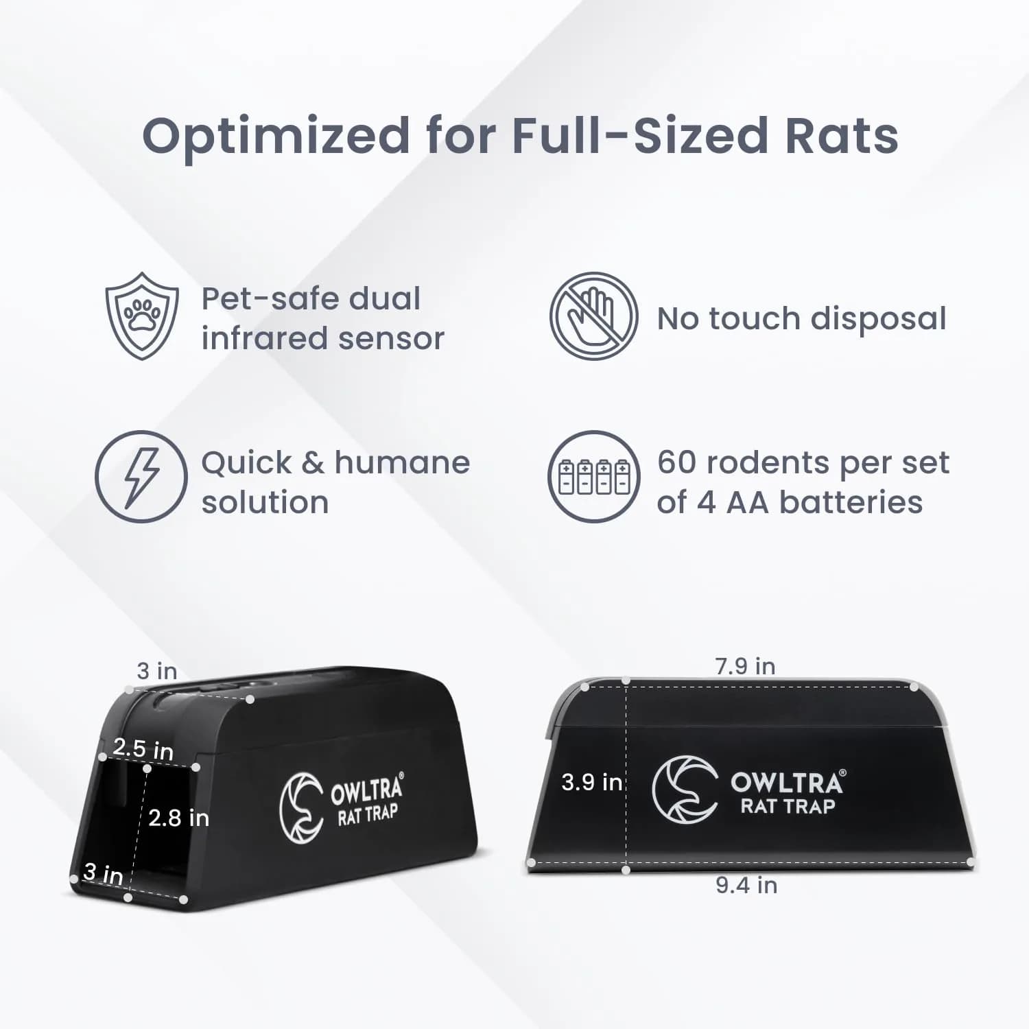 OWLTRA OW-1 Electric Rat Trap with Pet-Safe Trigger | 10.39 cm (4.09 in) x 12.80 cm (5.04 in) x 27.79 cm (10.94 in) - view 2