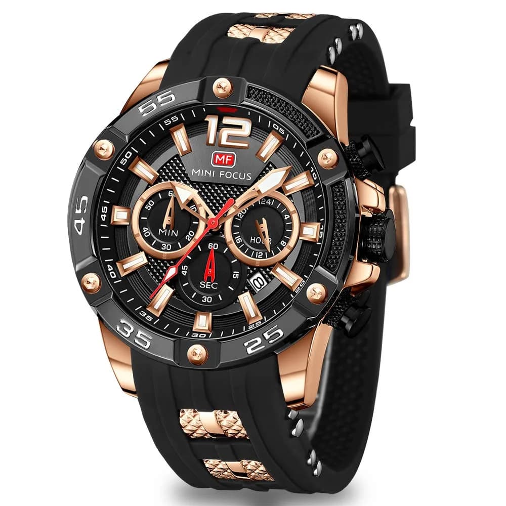 MF MINI FOCUS Men Watches Chronograph Waterproof Luminous Calendar 47mm | Casual Sport Watch for Men — Black