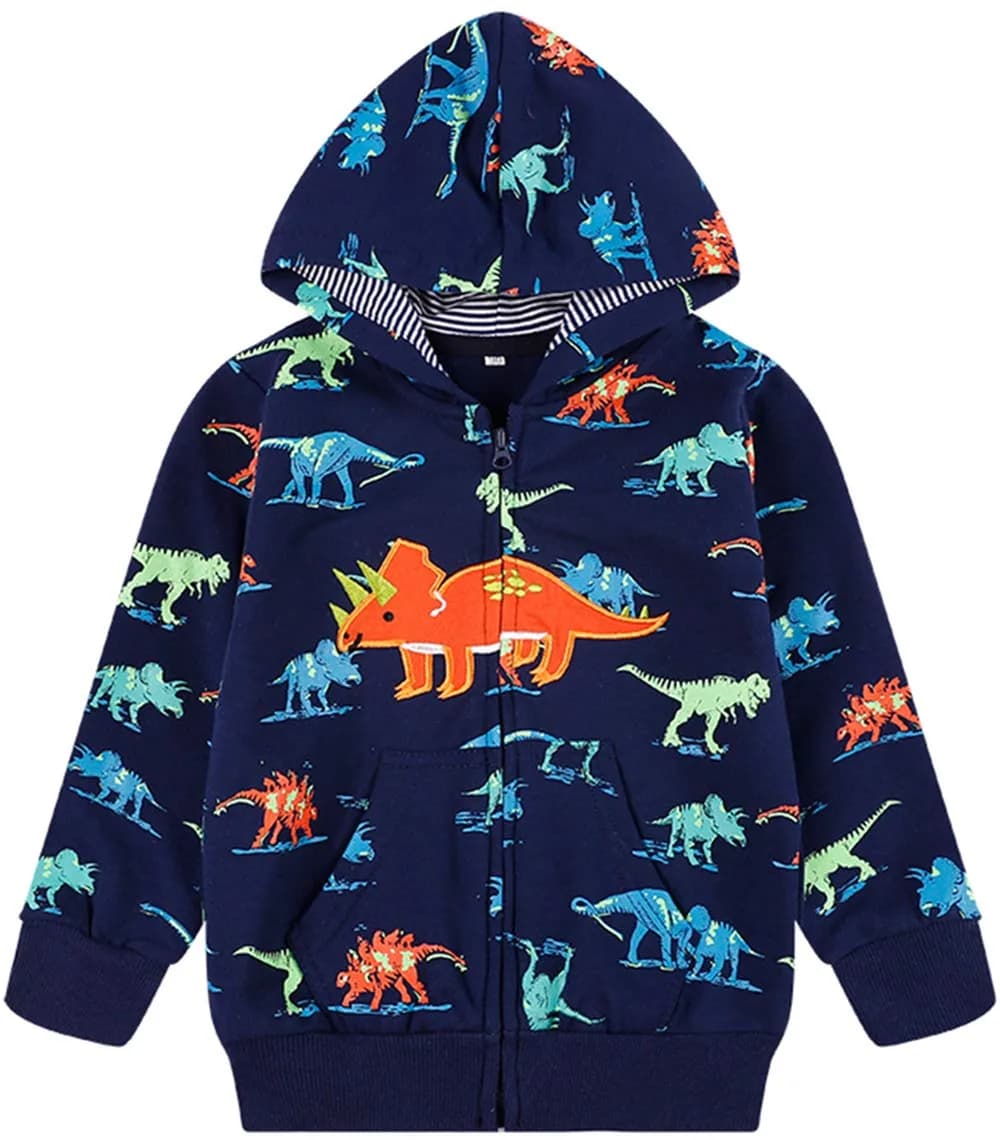 Popshion Toddler Boys Jacket Cartoon Dinosaur Animal Zipper Spring Autumn Hoodies Coat for Kids 1-7 Years (Cute Dinosaur-8039 130) | Lightweight Cotton