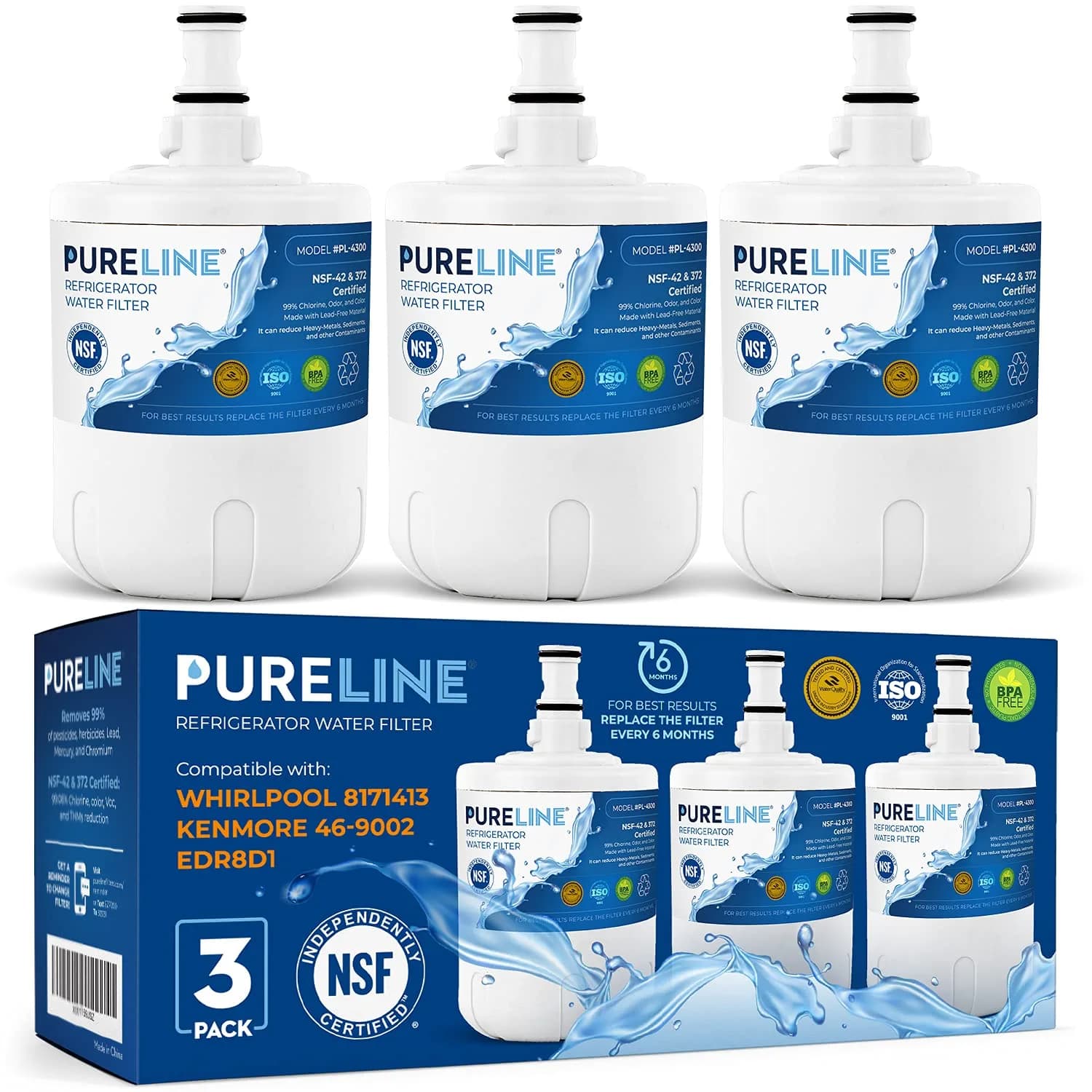 Pureline Refrigerator Water Filter 3 Count (7.5 x 9.75 x 7 inches) | NSF Certified for Taste & Odor Reduction — White