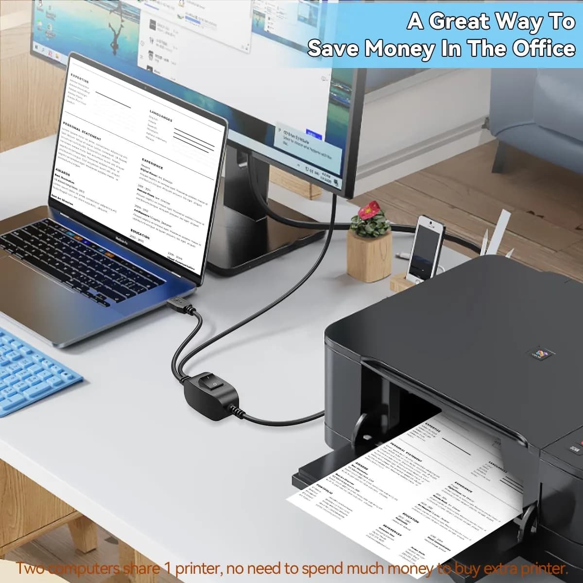 Herfair USB 2.0 A Female to 2x USB 2.0 A Male Splitter Cable with Switch & 5ft Printer Cable | 480Mbps Data Transfer - view 5
