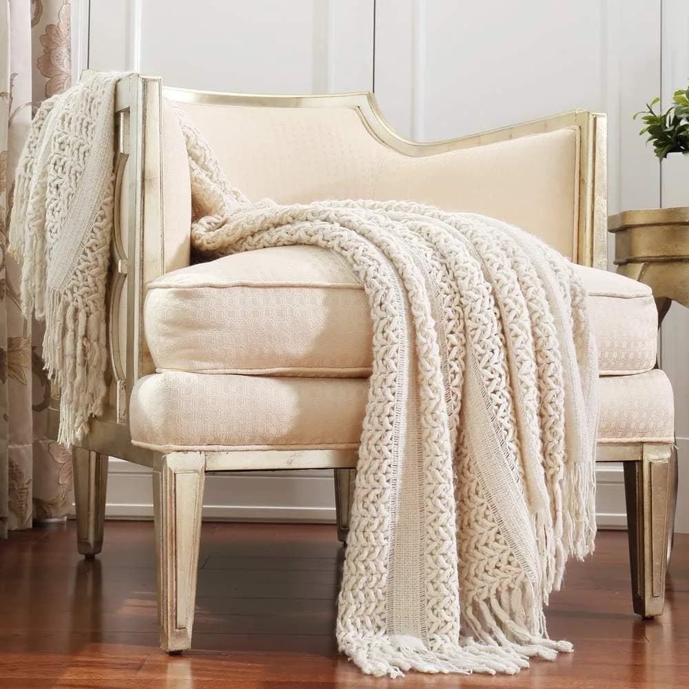 CREVENT Farmhouse Knitted Throw Blanket 127cm x 152cm (50"x60") | Cozy Acrylic for Travel & Home Decor — Tan