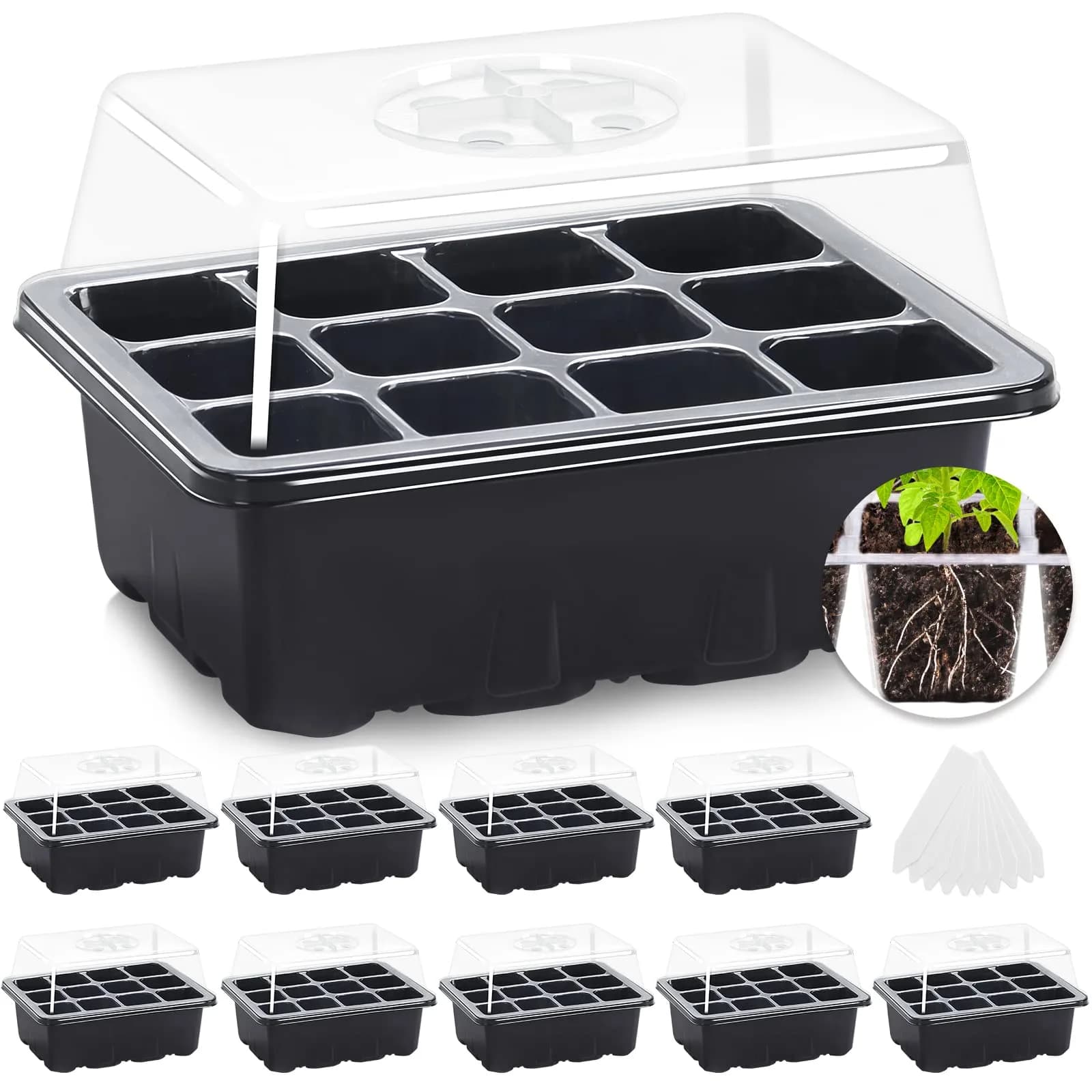 MIXC 10 Pack Seed Starter Tray with Humidity Dome & 120 Cells | 18.5cm x 12.2cm x 11.2cm (7.3" x 4.8" x 4.4") - main product image