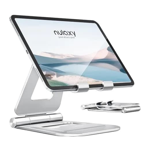 Nulaxy Dual Adjustable Foldable iPad Stand, Full Aluminum, Silver | Universal Compatibility & Sturdy Aluminum Design thumbnail 1