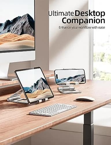 Nulaxy Dual Adjustable Foldable iPad Stand, Full Aluminum, Silver | Universal Compatibility & Sturdy Aluminum Design thumbnail 5