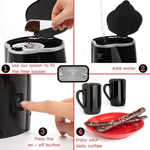 Moss & Stone Mini Drip Coffee Maker with 2 Mugs, 5oz Capacity | Compact Single Serve Brewer thumbnail 3