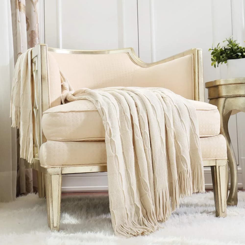 CREVENT Home Decor Rustic Couch Sofa Chair Bed Throw Blanket 50"X60" Beige/Ivory | Cozy Light Weight for Travel & Gift
