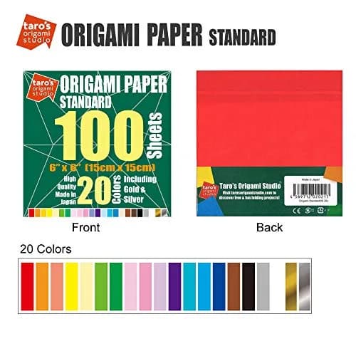 [Taro's Origami Studio] Standard 6 Inch One Sided 20 Colors 100 Sheets Square Easy Fold Premium Japanese Paper for Beginner (Gold and Silver Included) Made in Japan thumbnail 2