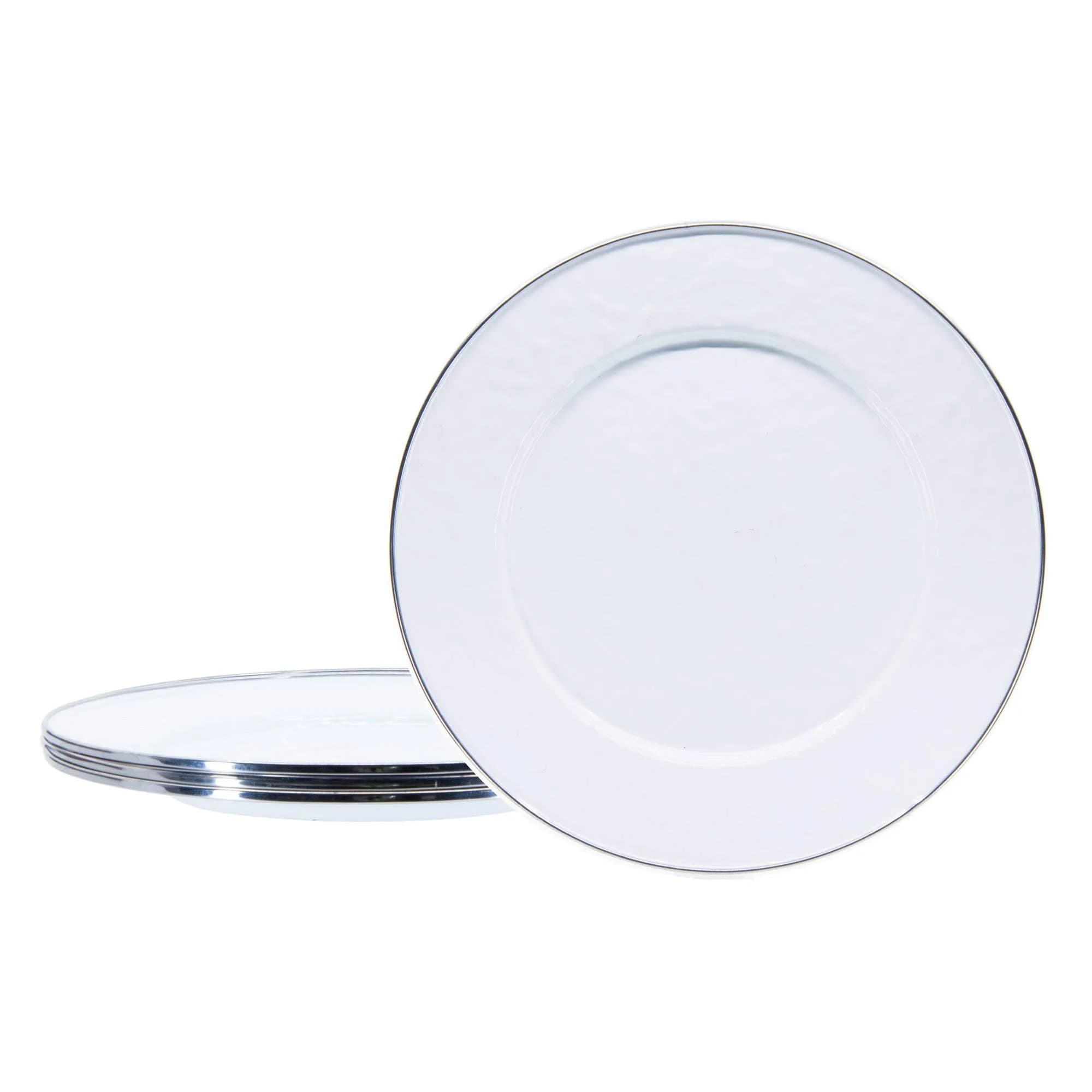 Golden Rabbit Enamelware Dinner Plates 10.5 inch (26.67 cm) Set of 4 | Handcrafted Porcelain Enamel on Carbon Steel — Solid White Textured