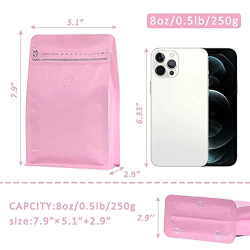 REMTAP Pink 8oz (227g) Coffee Bags with Valve & Zipper | 50 Count Flat Bottom Pouches thumbnail 2