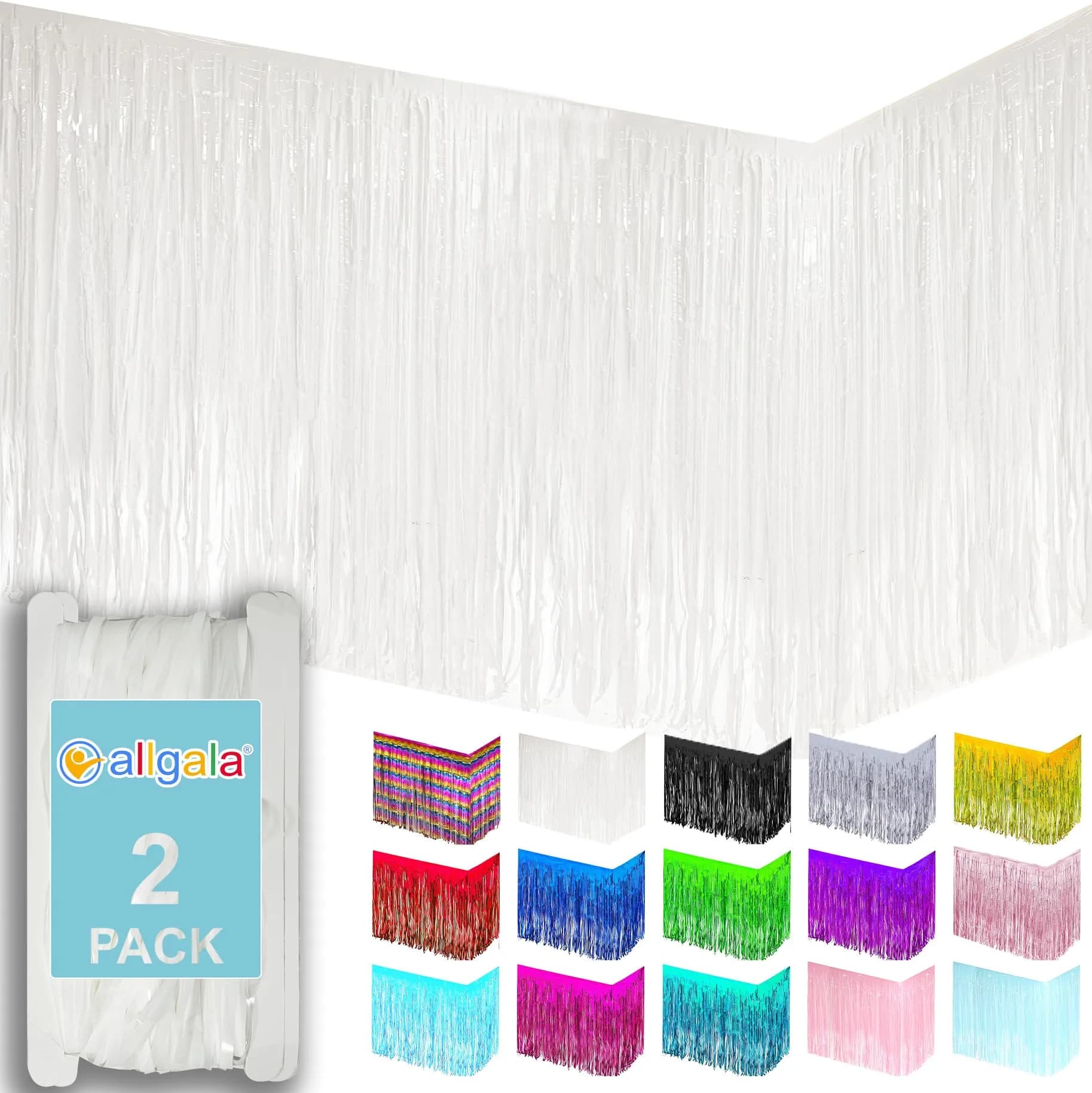 allgala White Tinsel Table Skirt 2-Pack 274 cm (108 Inch) x 74 cm (29 Inch) | Metallic Foil Fringe for Parties — White