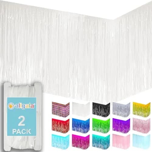 allgala White Tinsel Table Skirt 2-Pack 274 cm (108 Inch) x 74 cm (29 Inch) | Metallic Foil Fringe for Parties thumbnail 1