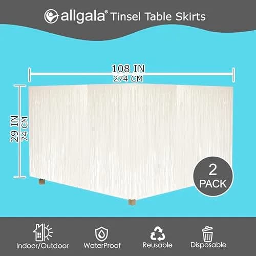 allgala White Tinsel Table Skirt 2-Pack 274 cm (108 Inch) x 74 cm (29 Inch) | Metallic Foil Fringe for Parties thumbnail 3