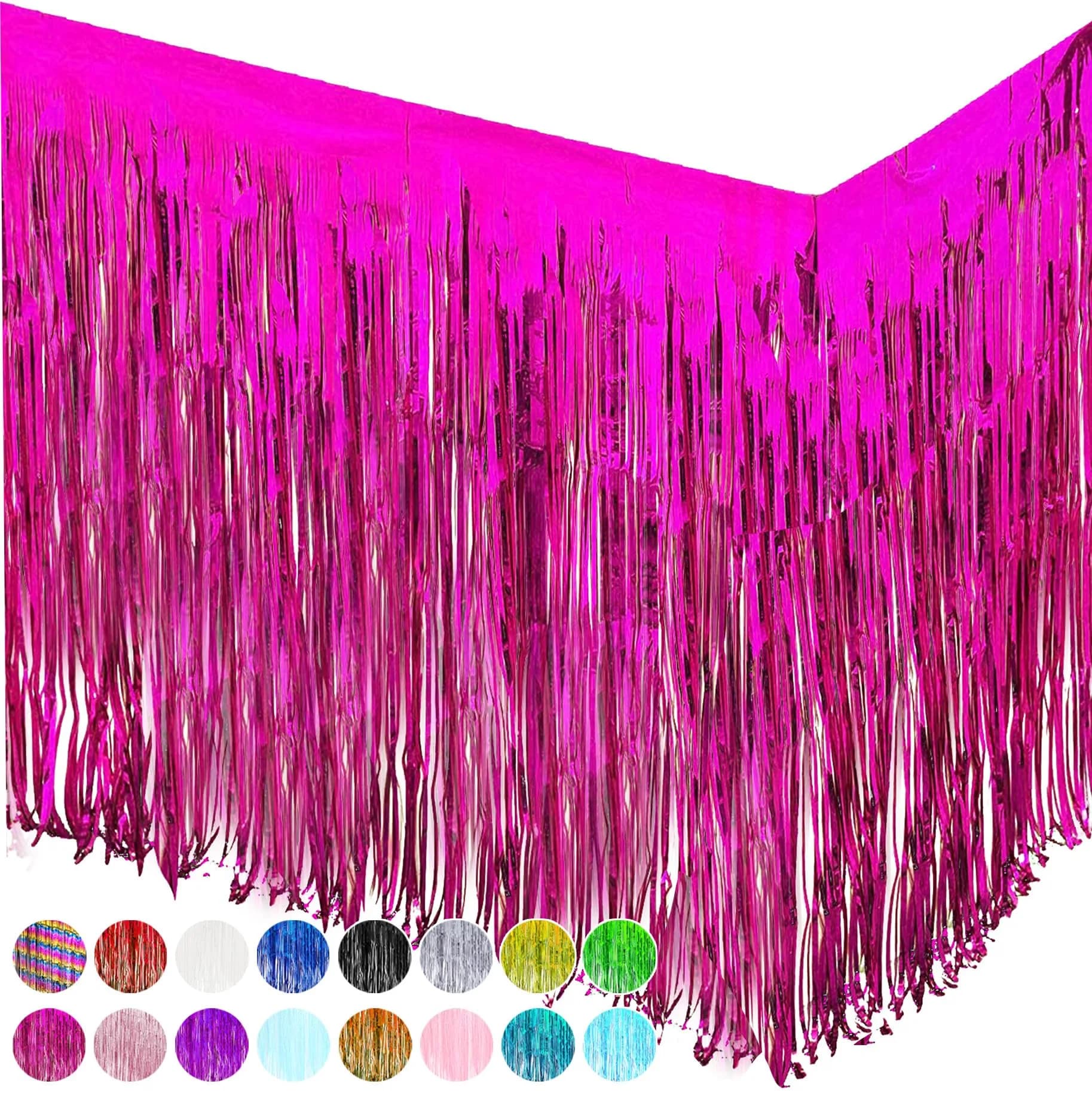 allgala White Tinsel Table Skirt 2-Pack 274 cm (108 Inch) x 74 cm (29 Inch) | Metallic Foil Fringe for Parties — Fuchsia
