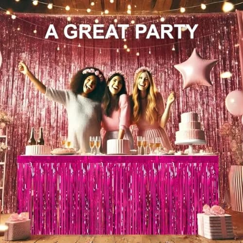allgala Fuchsia Tinsel Table Skirt 2-Pack 216 Inch (549 cm) Length | Metallic Foil Fringe for Parties thumbnail 4
