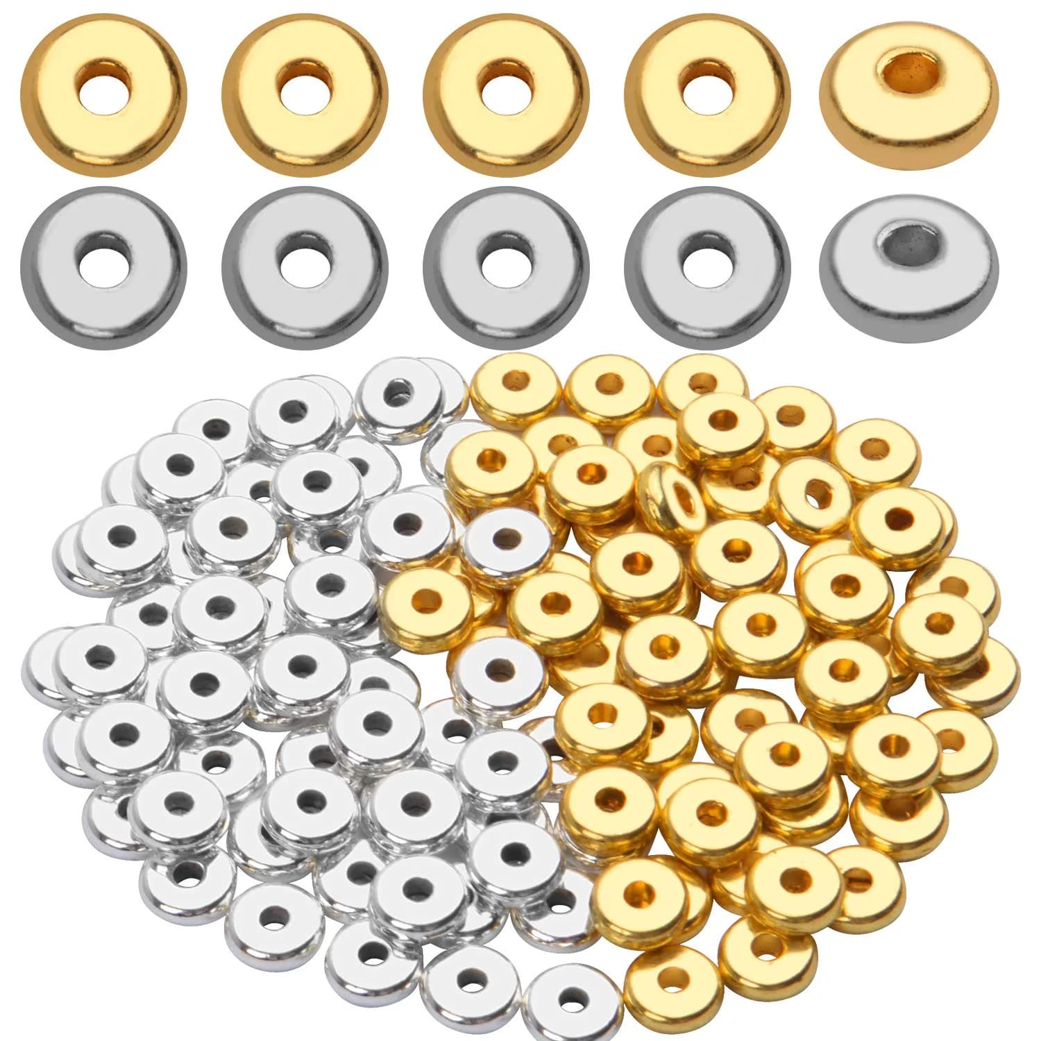 BronaGrand 8mm Flat Round Rondelle Spacer Beads Disc Spacers for DIY Bracelet Necklace Crafts, Gold (100pcs) — Gold and Silver