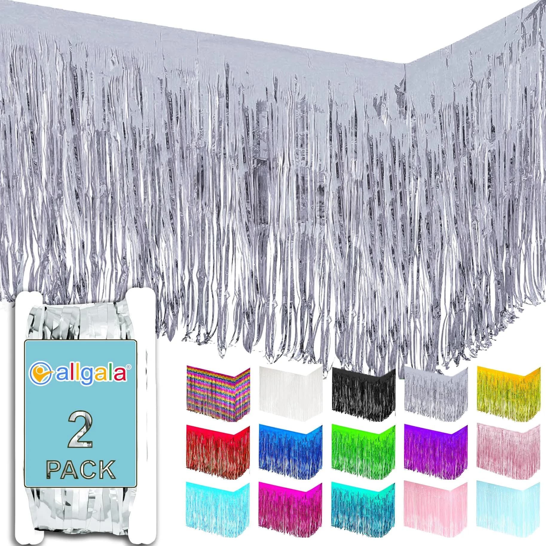 Allgala Silver Tinsel Table Skirt 2-Pack 29x108 Inch | Metallic Foil Fringe for Parties — Silver
